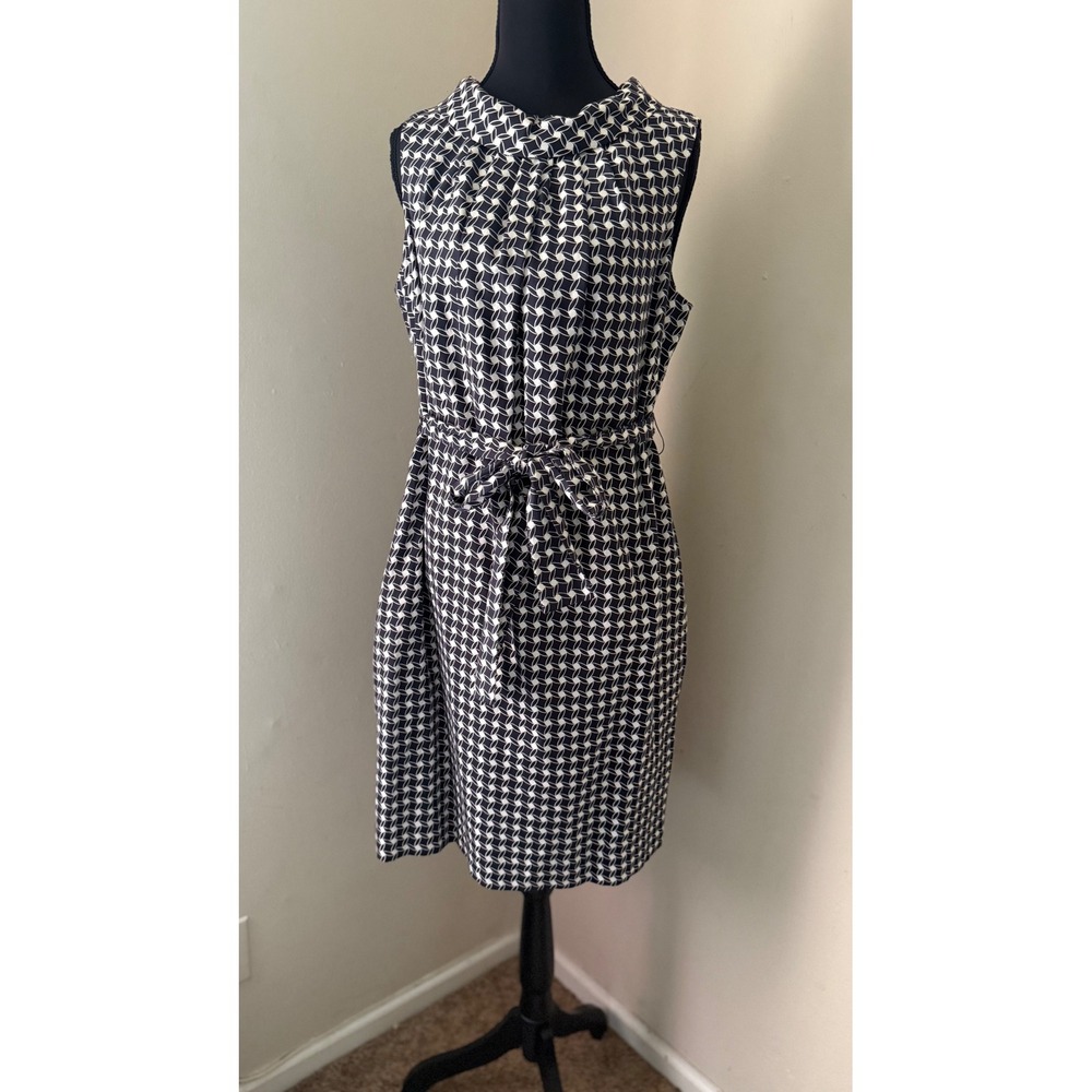 Talbots Sleeveless Houndstooth Dress Belted Career Work BlackWhite 12 Silk Blend